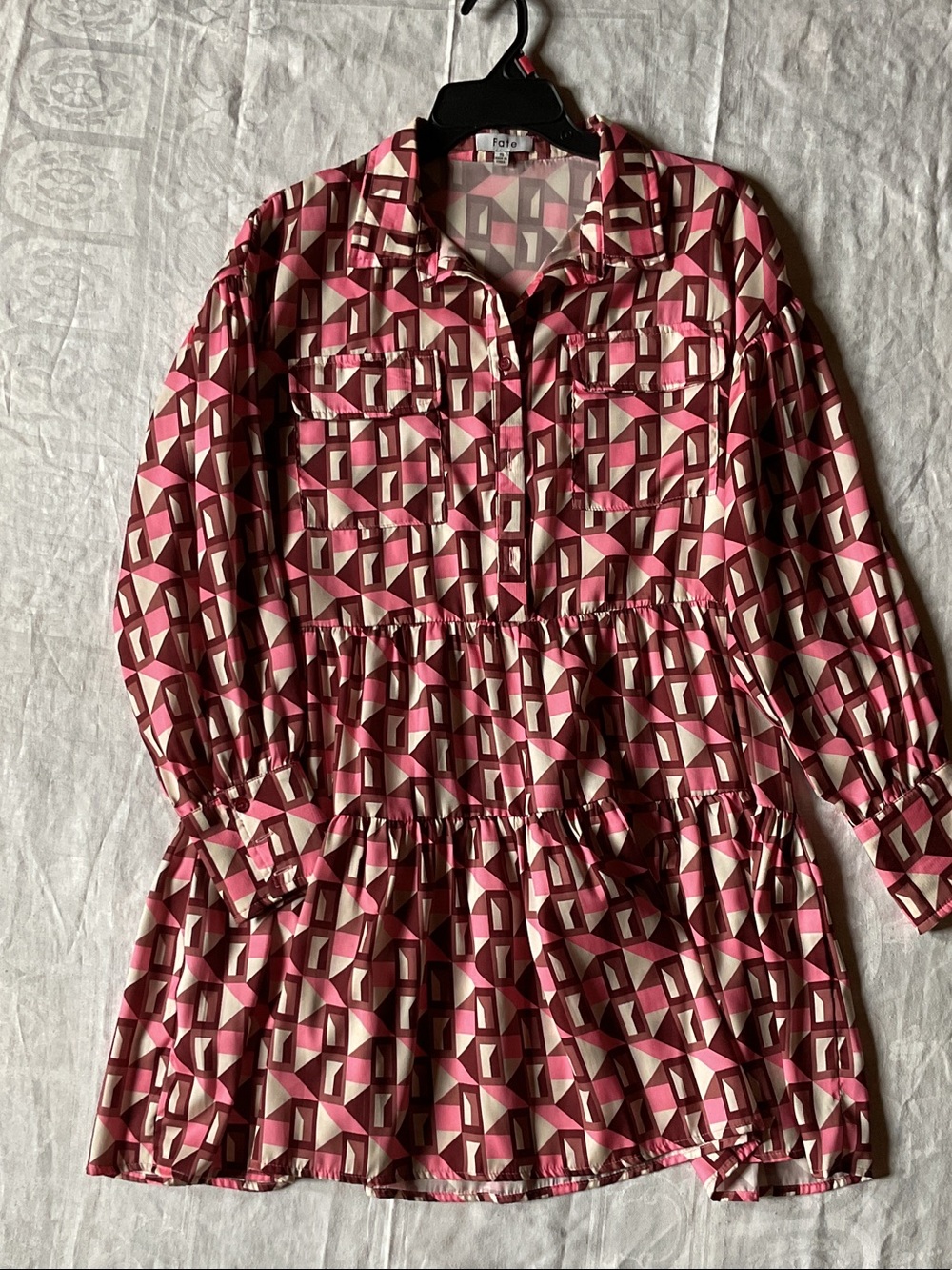 Fate Geometric Tiered Shirt Dress in Pink and Cream
